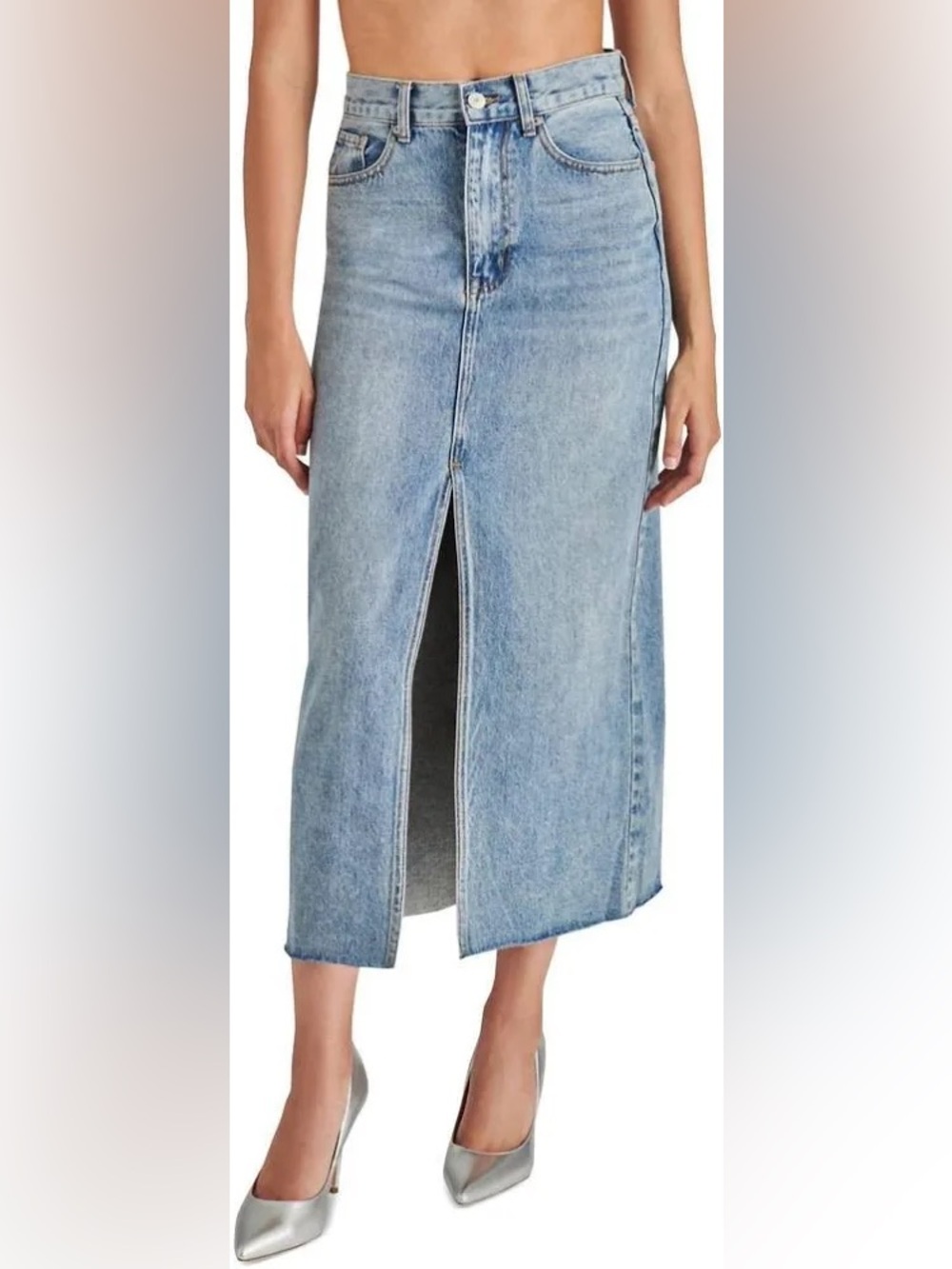 Steve Madden Light Wash Denim Midi Skirt with Front Slit